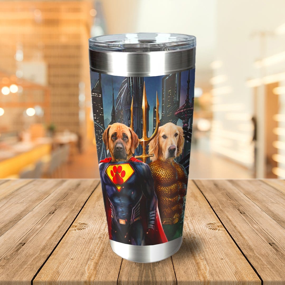 Personalized stainless steel tumbler with two dogs dressed as superheroes, Superdog and Aquadog.