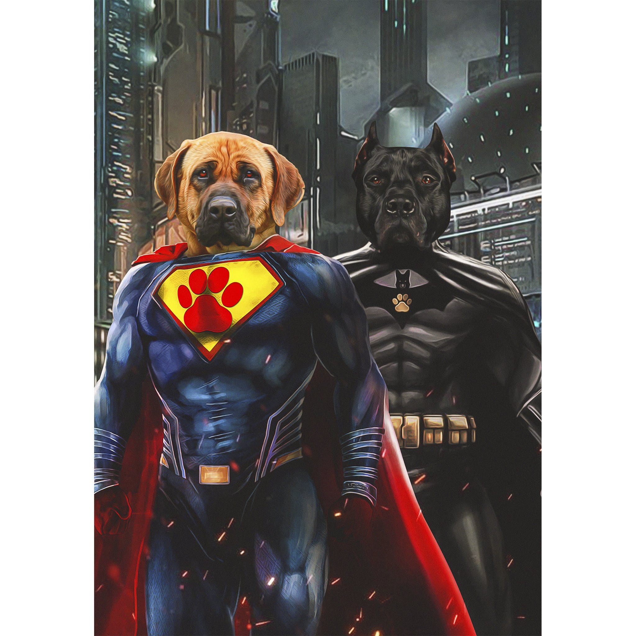 Custom digital portrait of two dogs as Superdog and Batdog in a city background.