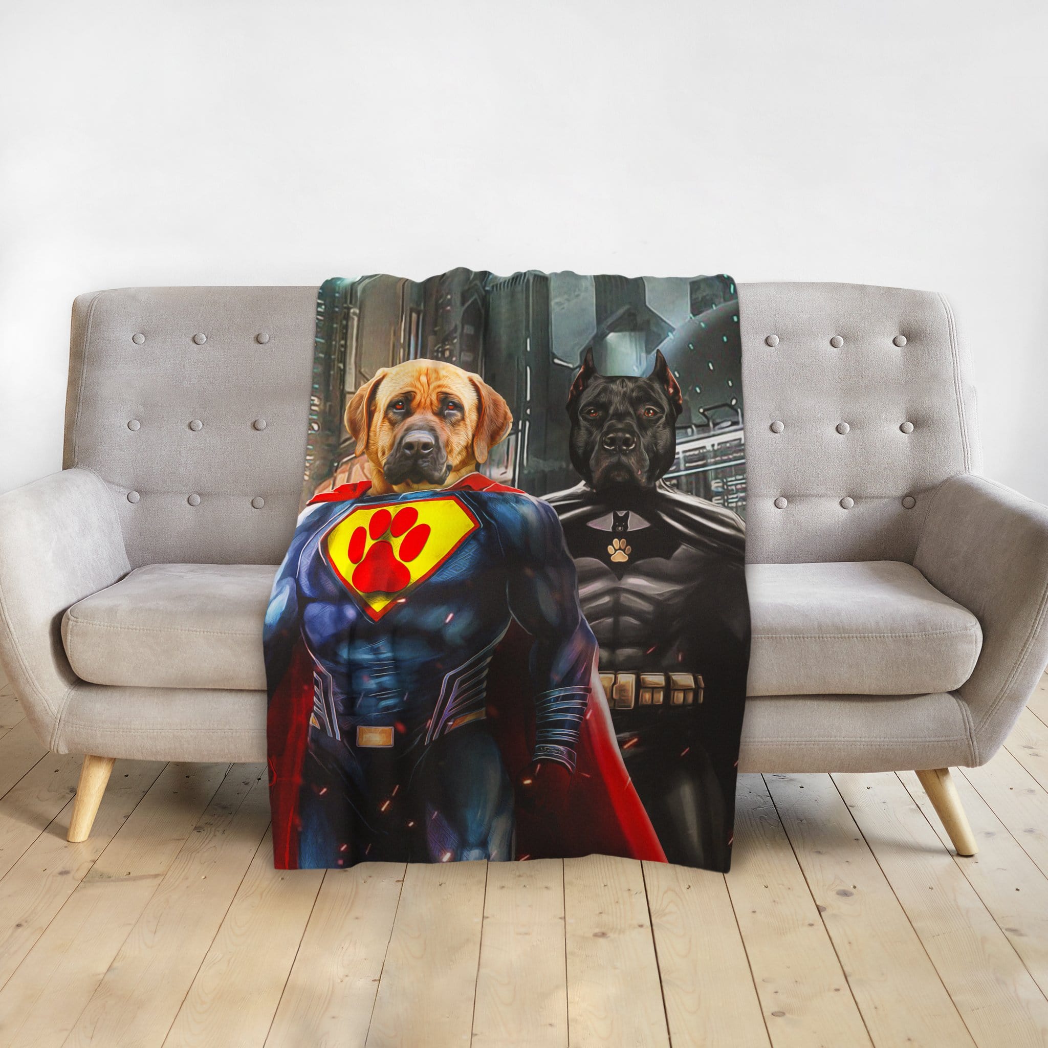 Personalized 'Superdog & Batdog' custom pet portrait blanket featuring two dogs as superheroes.
