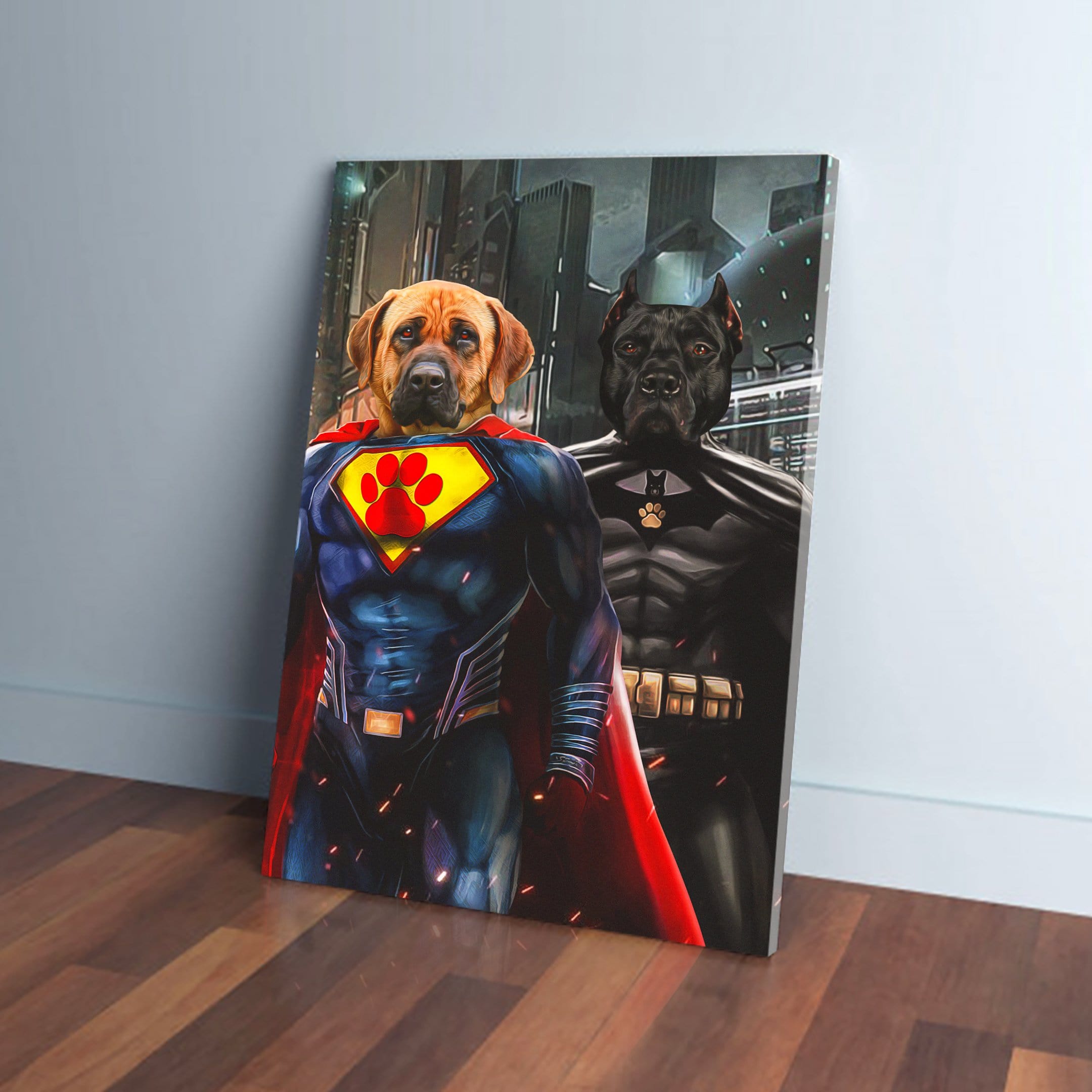 Custom canvas print of two dogs dressed as Superdog and Batdog, leaning against a wall.