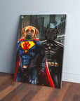Custom canvas print of two dogs dressed as Superdog and Batdog, leaning against a wall.