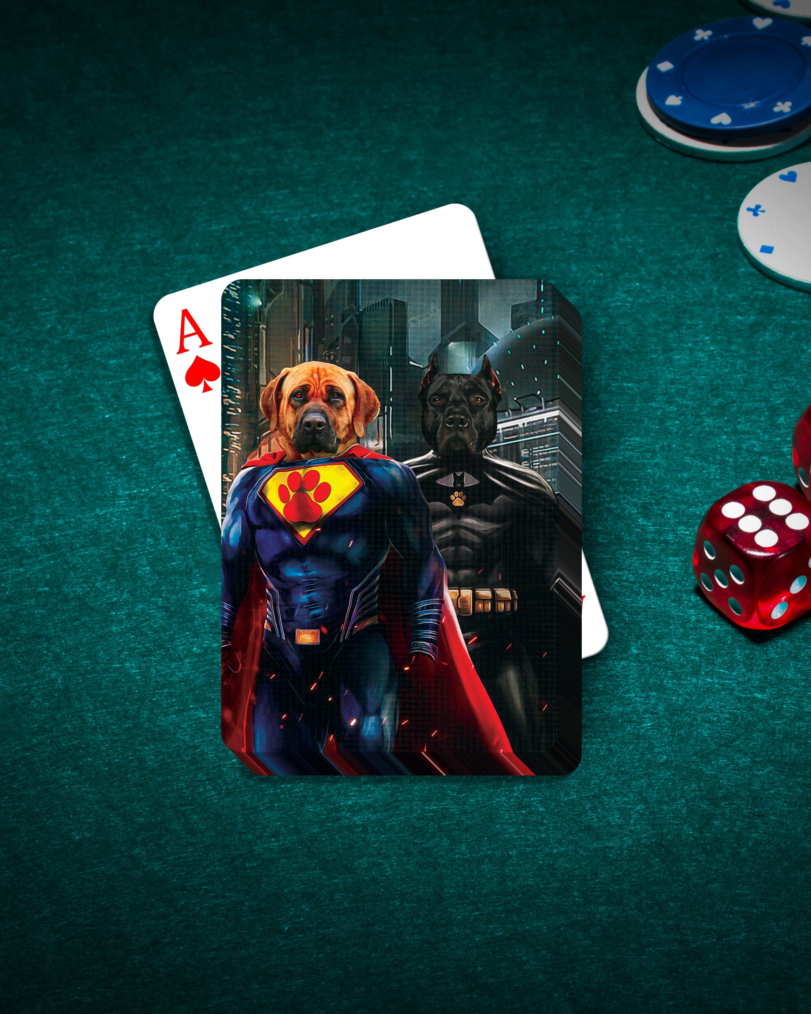 Custom playing card featuring two dogs as Superdog and Batdog on a green felt table.