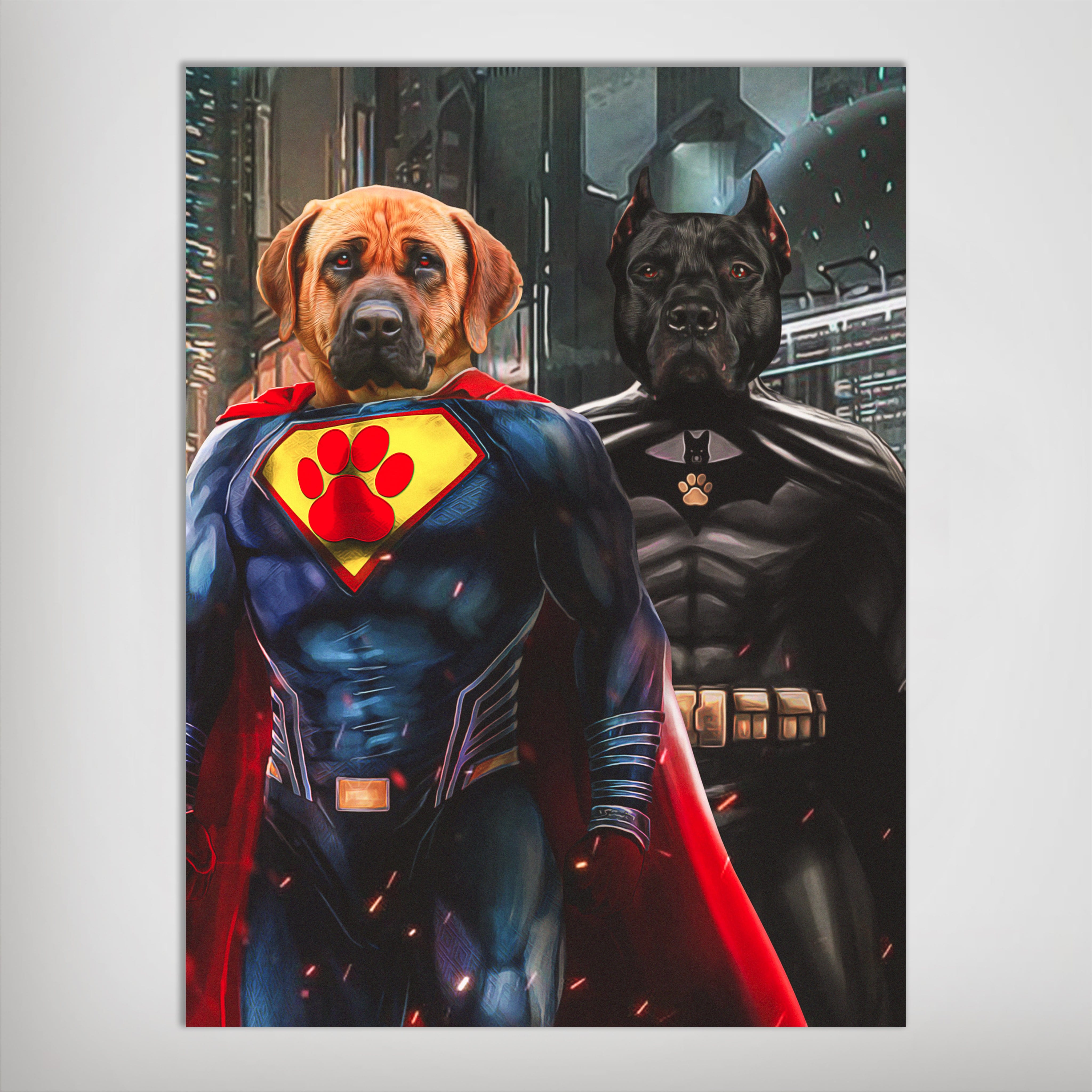 Personalized 'Superdog & Batdog' poster featuring two dogs as superheroes, one in blue and red, the other in black.