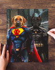Personalized 2-pet puzzle featuring a yellow lab as Superdog and a black dog as Batdog.