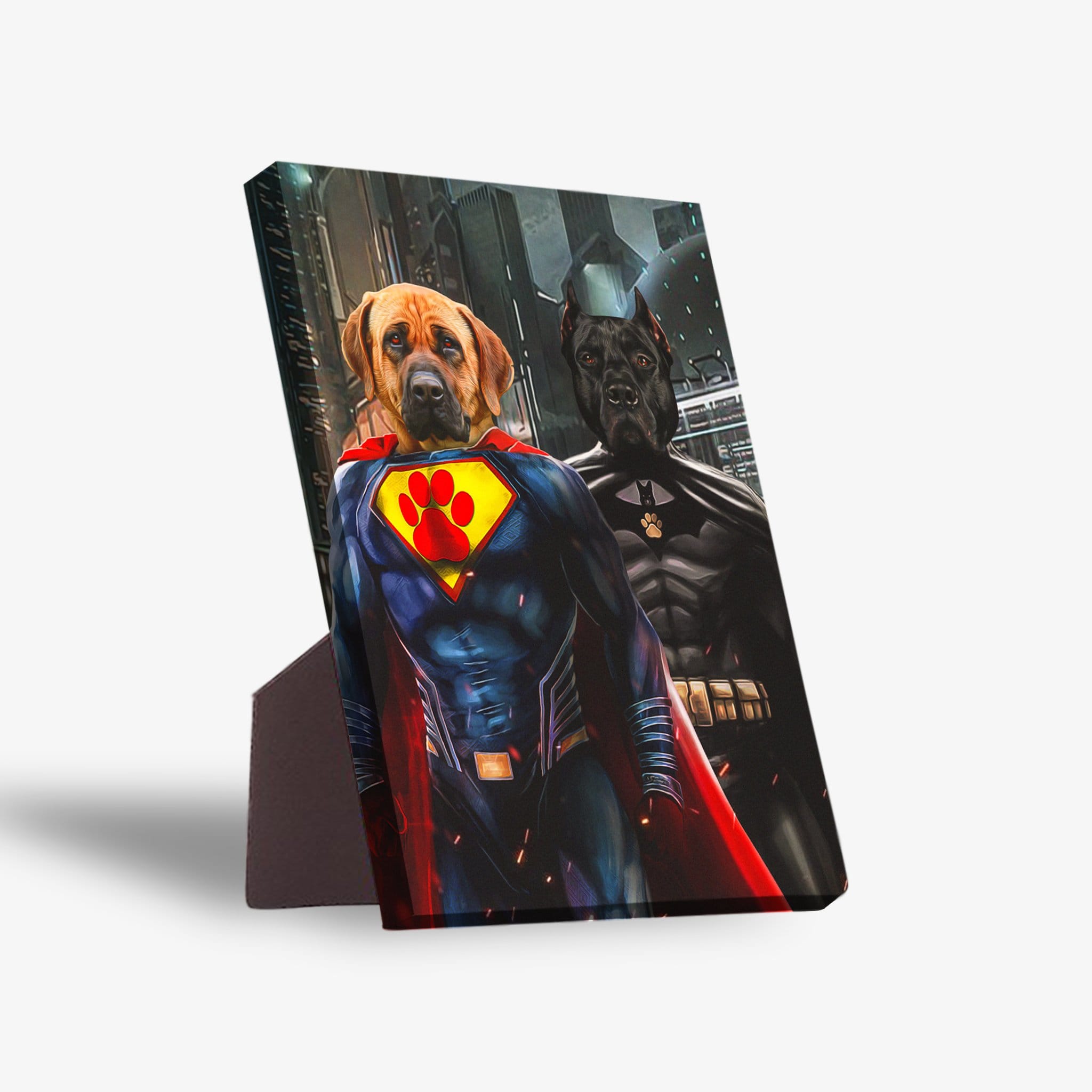 Personalized 'Superdog & Batdog' standing canvas featuring two pets as superheroes with a sturdy back stand.
