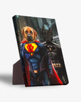 Personalized 'Superdog & Batdog' standing canvas featuring two pets as superheroes with a sturdy back stand.