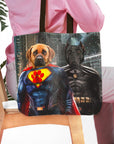 Custom 'Superdog & Batdog' personalized 2 pet tote bag with dog portraits in superhero costumes.