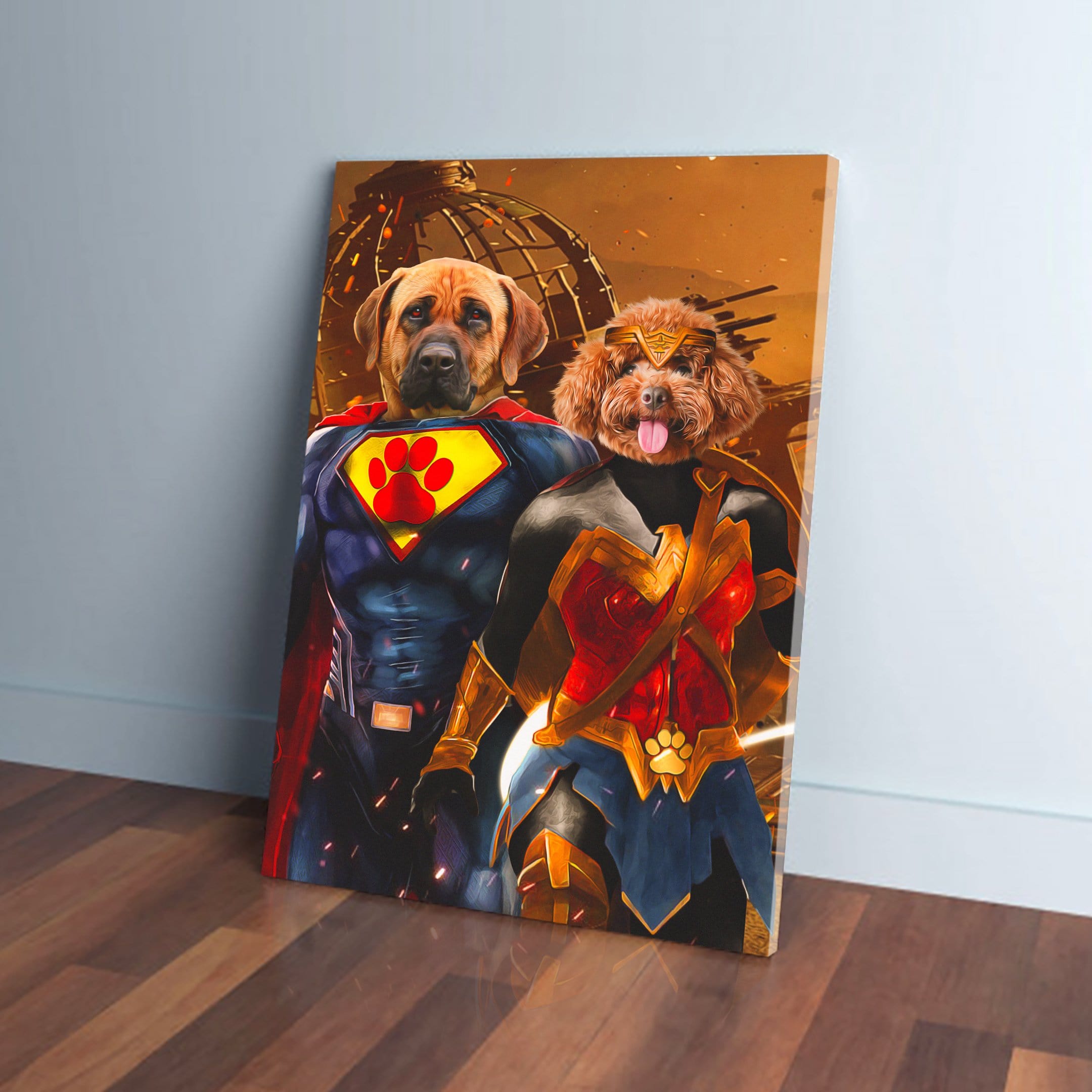 Personalized 'Superdog & Wonder Doggette' canvas featuring two pets as superheroes on a wooden frame.
