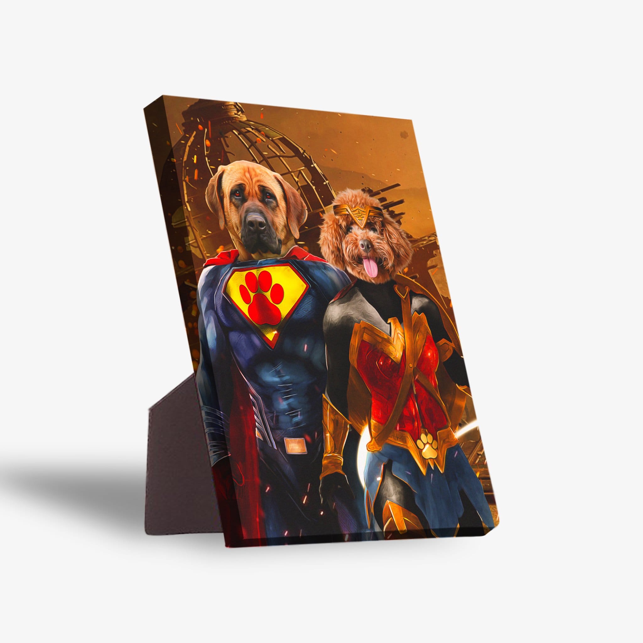 Personalized Superdog and Wonder Doggette standing canvas featuring two pets in superhero costumes.