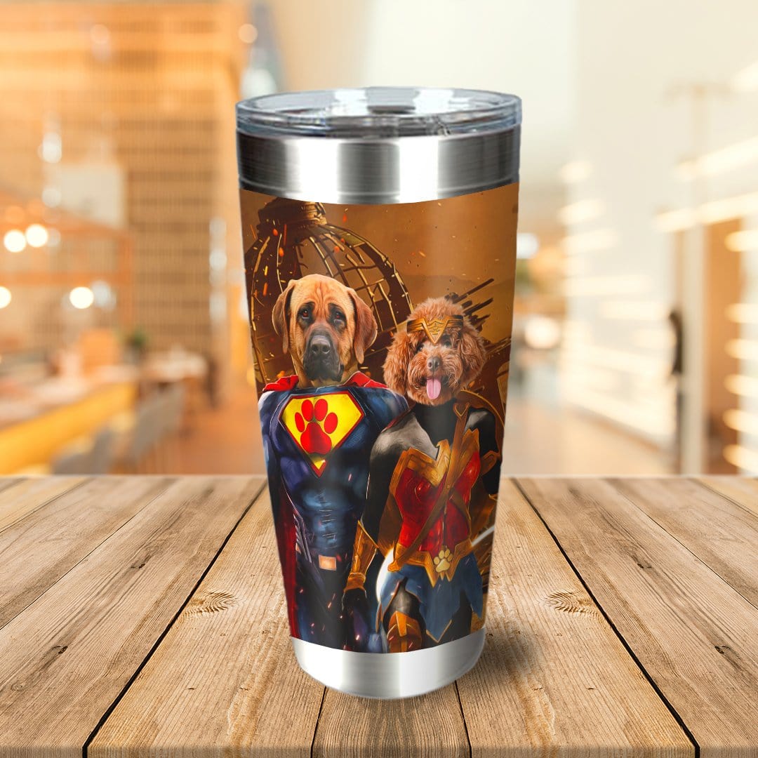 Personalized stainless steel tumbler with two pets as Superdog and Wonder Doggette.