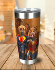 Personalized stainless steel tumbler with two pets as Superdog and Wonder Doggette.