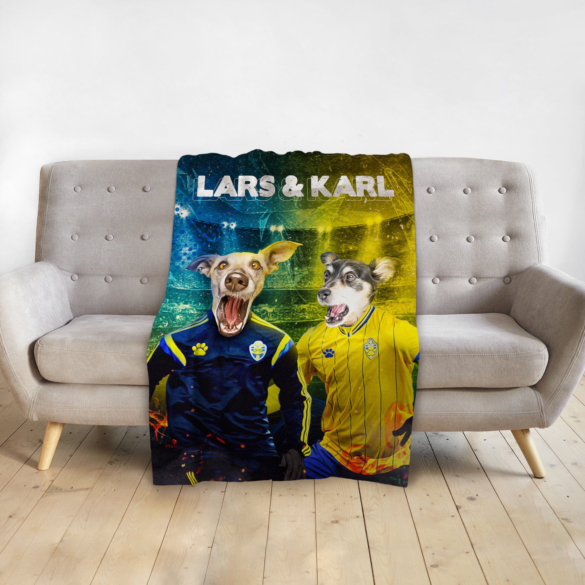 Personalized minky blanket with two custom dog portraits in Sweden football jerseys, named Lars & Karl.