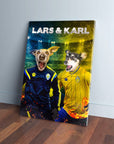 Personalized canvas of two dogs in Sweden Euro football jerseys, one blue, one yellow, with names "Lars & Karl".