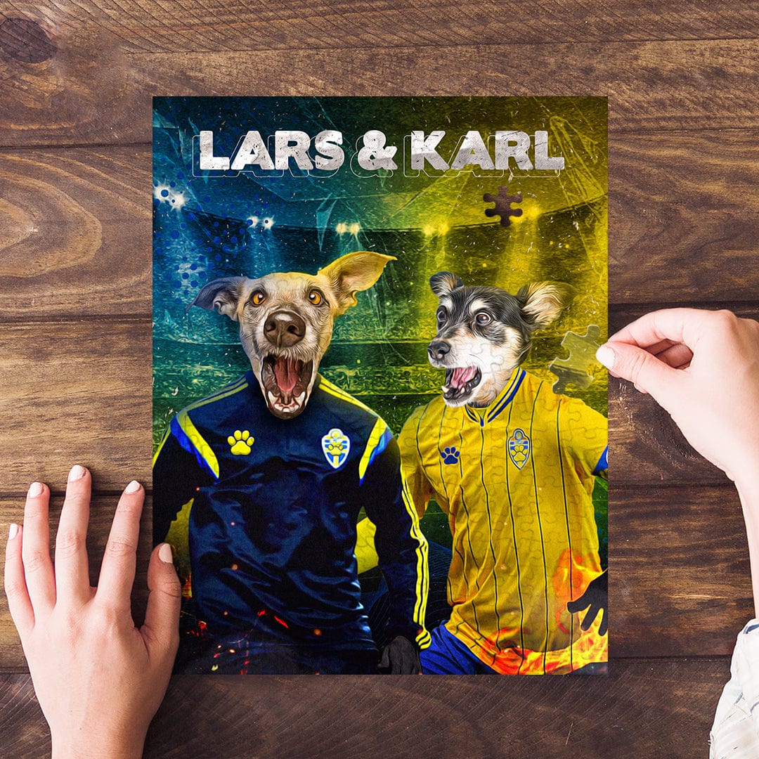 Personalized 2-pet puzzle featuring dogs in Sweden Euro football jerseys, with "LARS & KARL" text.