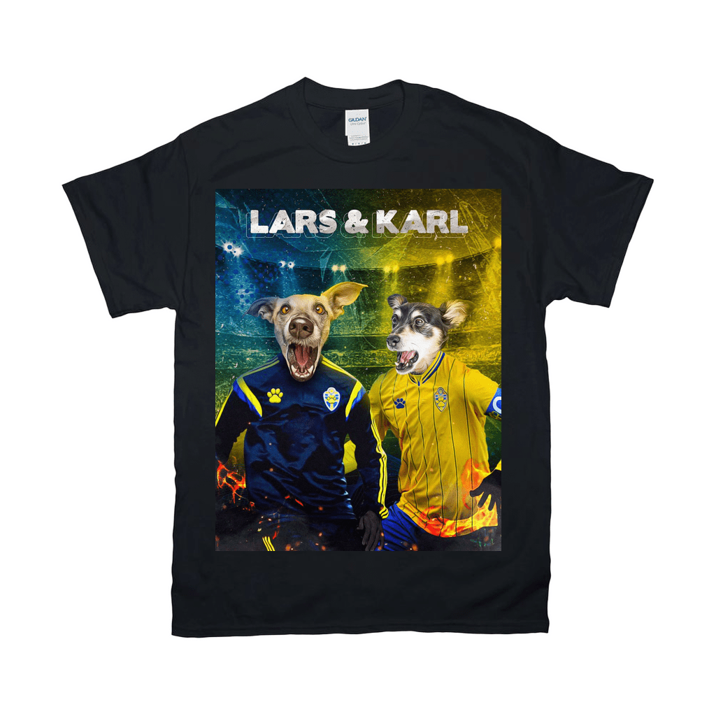 Black Gildan t-shirt featuring two dogs with human bodies in blue and yellow Sweden football jerseys, named Lars & Karl.
