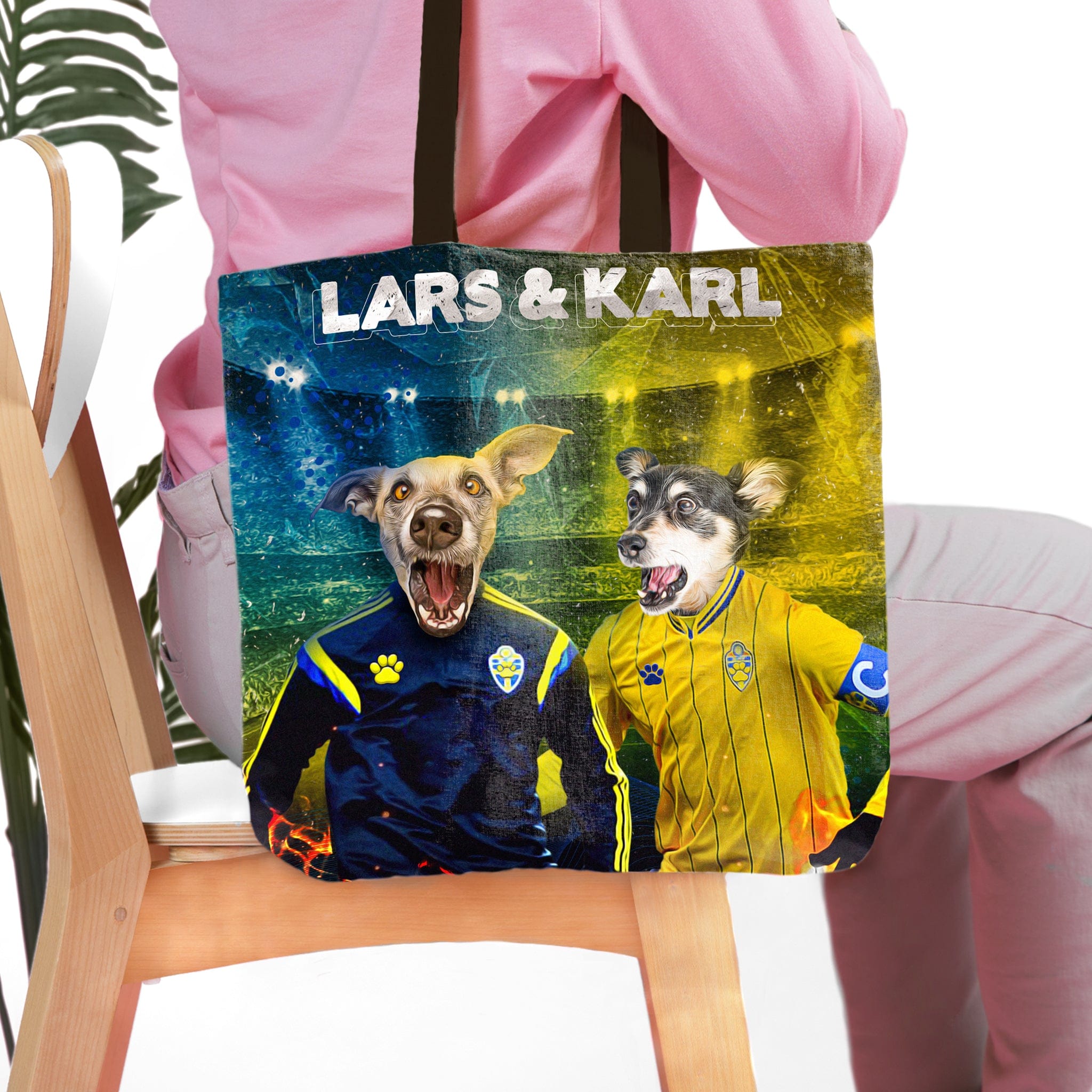 Personalized tote bag with two dogs in Euro football uniforms, "LARS & KARL" text.