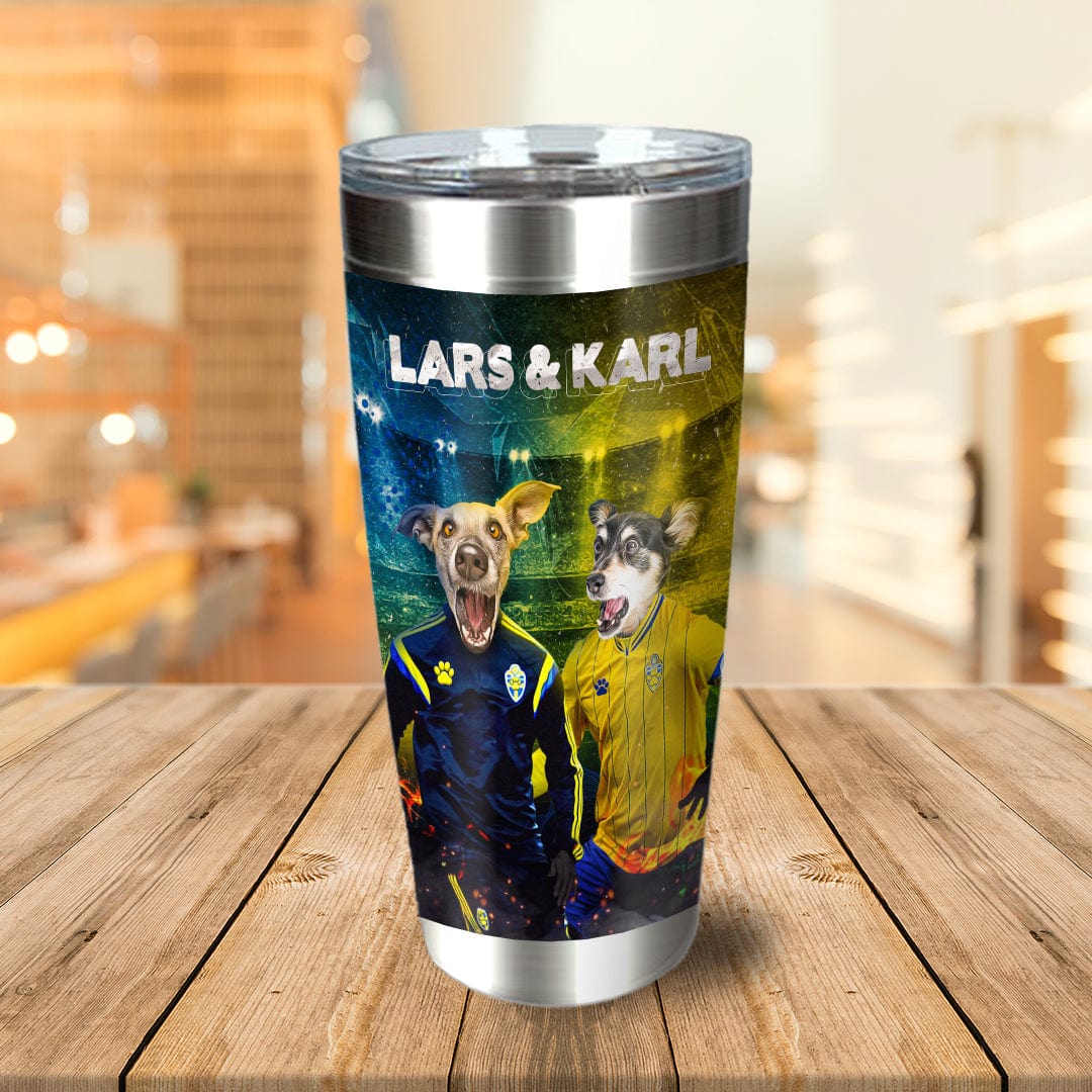 Personalized stainless steel tumbler with two dogs in Swedish football jerseys and "Lars & Karl" text.