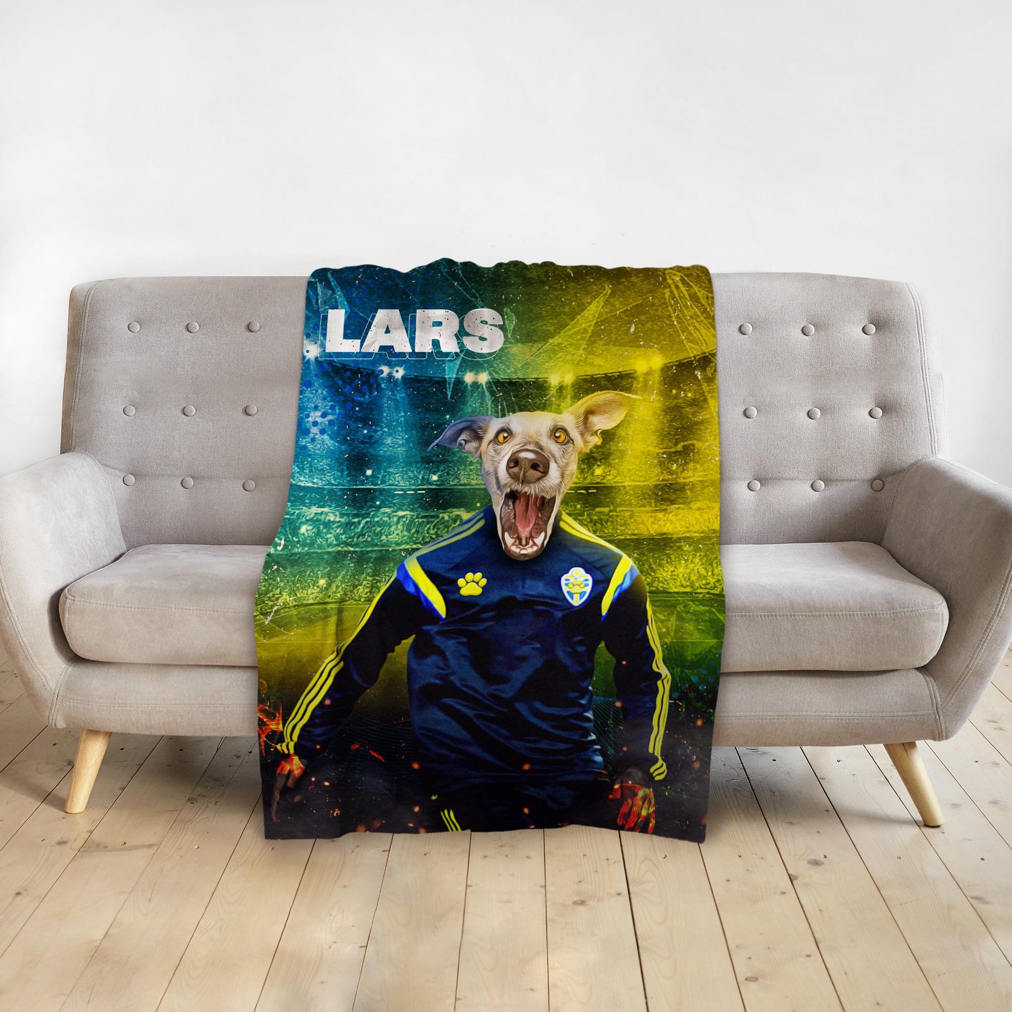 Personalized pet blanket with a dog's head on a soccer player's body, blue and yellow background, "LARS" text.