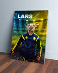 Personalized pet canvas featuring a dog in a blue and yellow Sweden soccer uniform, named LARS.