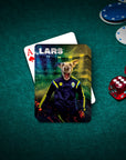 Personalized playing card featuring a dog's head on a soccer player's body, named Lars, on a green felt table.