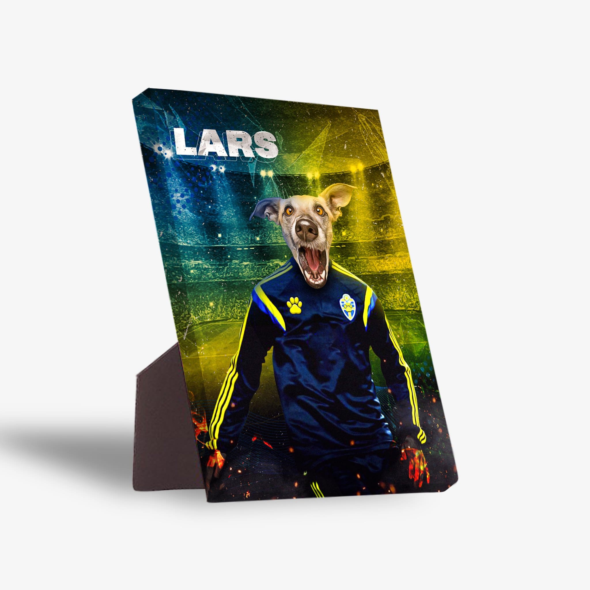 Personalized pet canvas featuring a dog's head on a Swedish soccer player's body, standing on a desk.