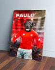 Personalized pet canvas featuring a black dog in a red soccer jersey and white shorts, named "PAULO".