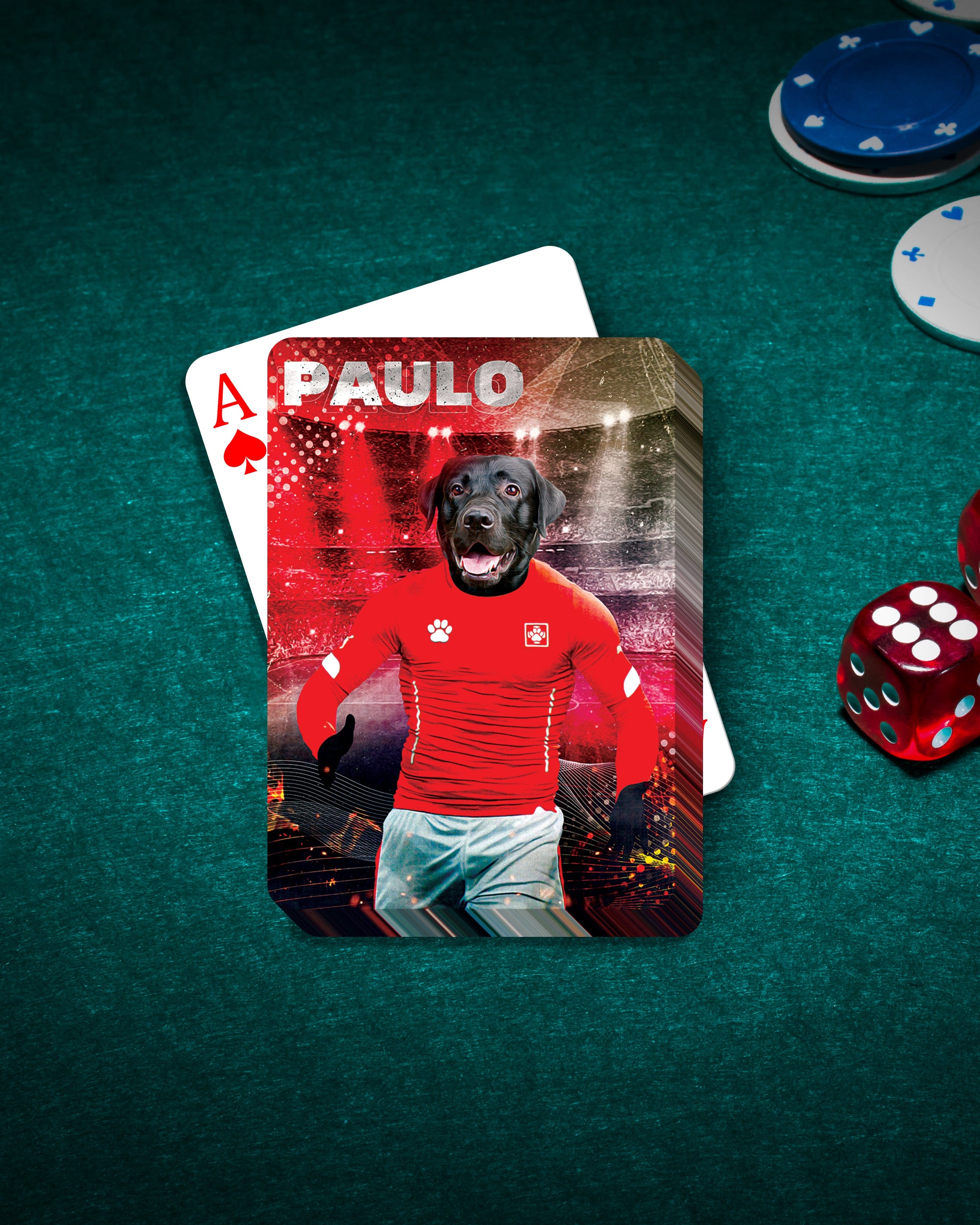 Personalized playing card featuring a black dog in a red soccer uniform on a green poker table with chips and dice.