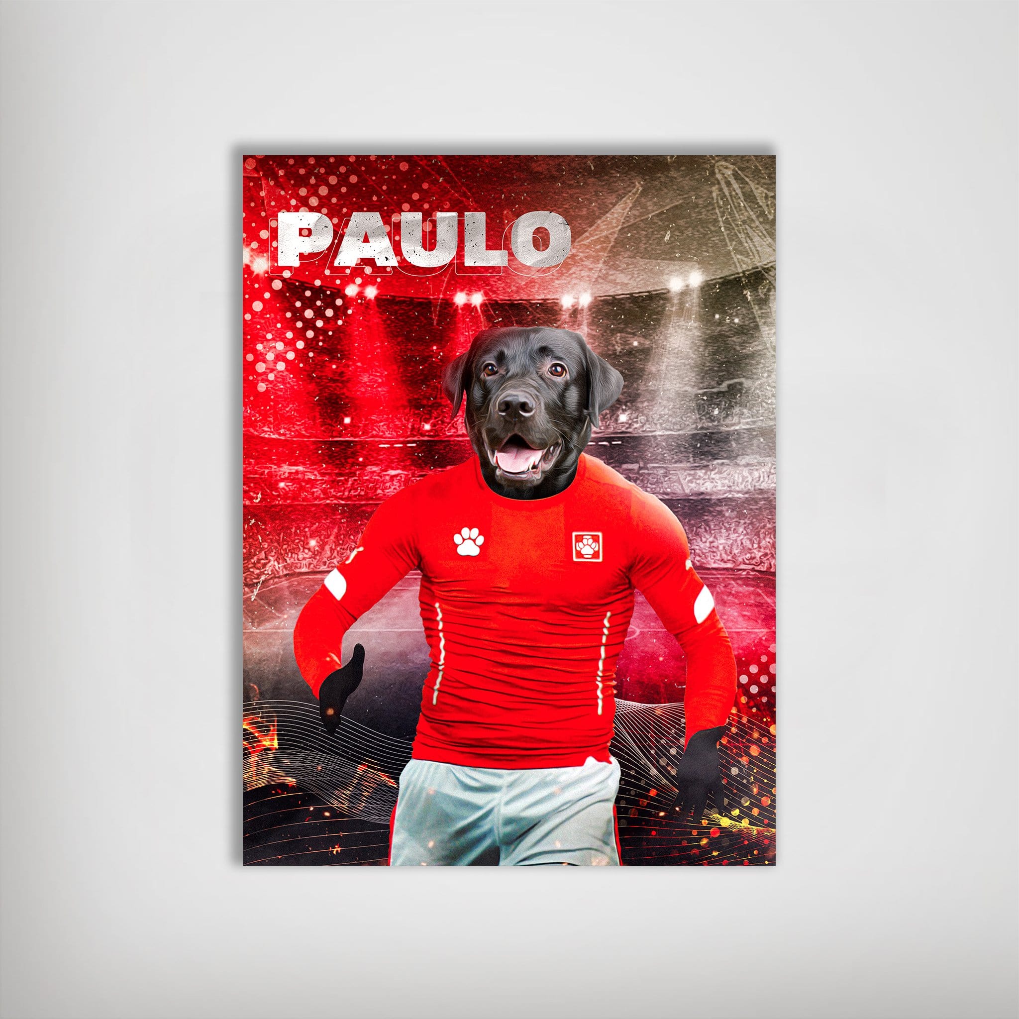 Black lab in a red Switzerland soccer jersey and white shorts, personalized with "PAULO," on a matte poster.