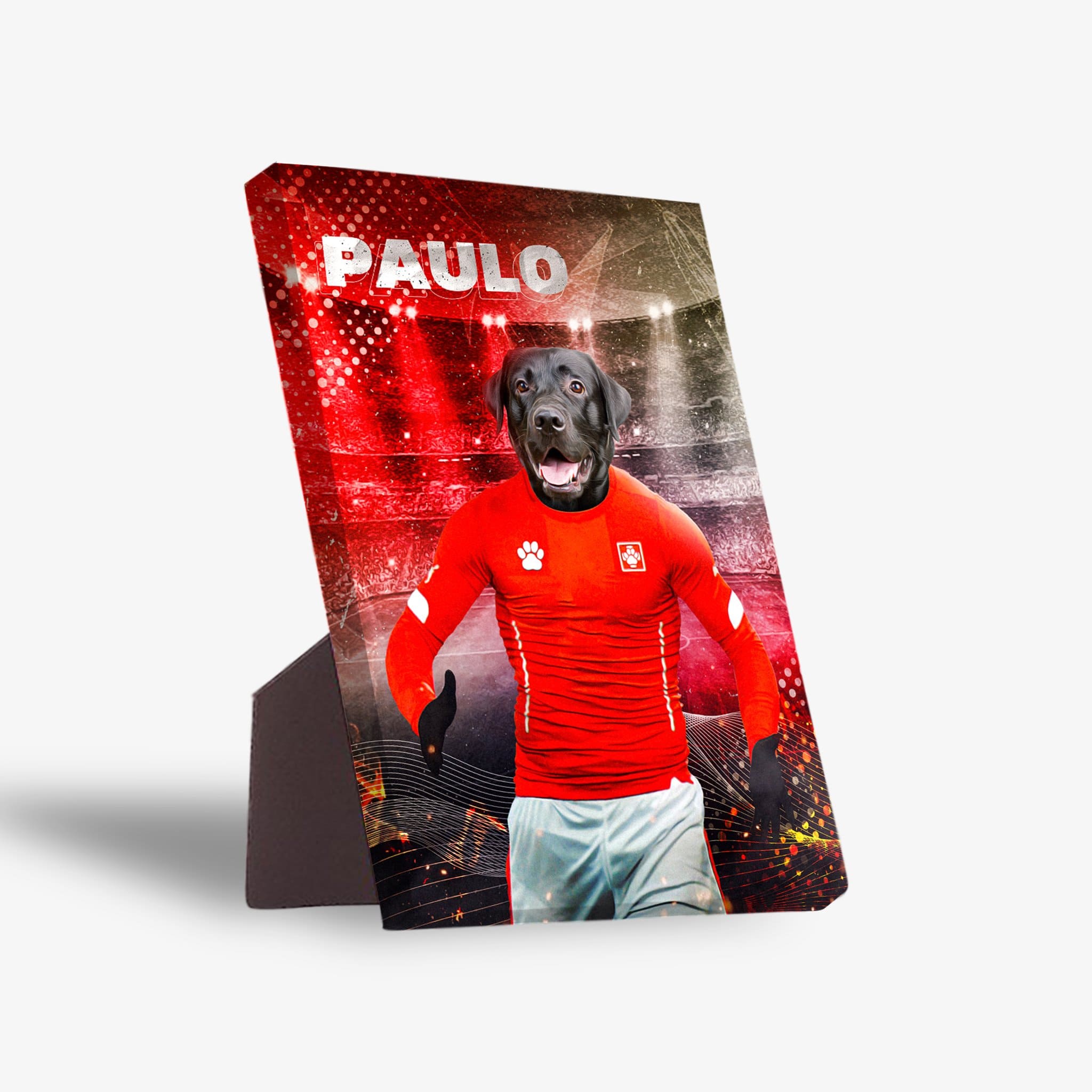 Personalized pet standing canvas featuring a black dog in a red soccer jersey with "PAULO" above, on a stadium background.
