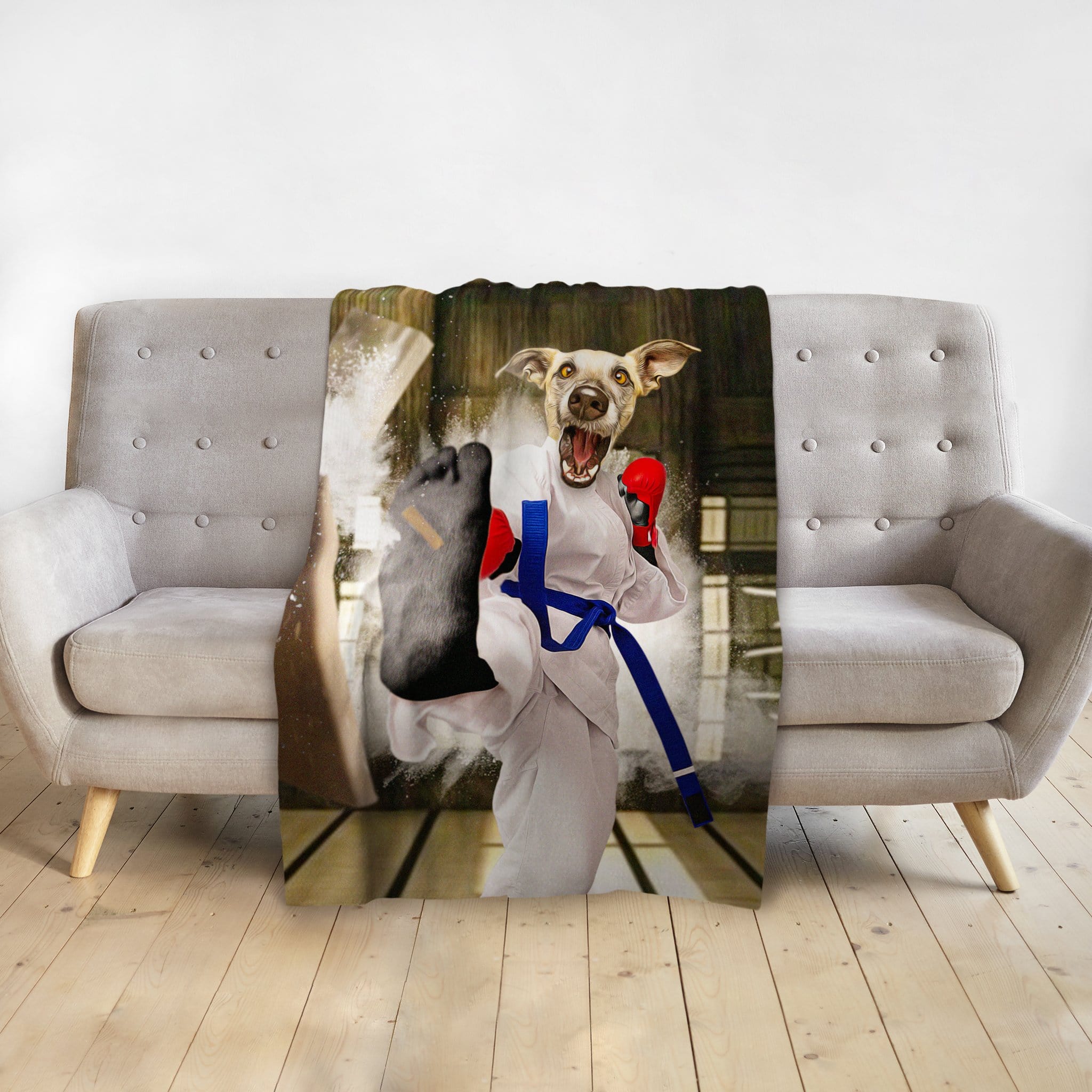 Personalized 'Taekwondogg' pet blanket featuring a dog in a white gi with a blue belt kicking.