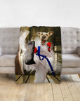 Personalized 'Taekwondogg' pet blanket featuring a dog in a white gi with a blue belt kicking.