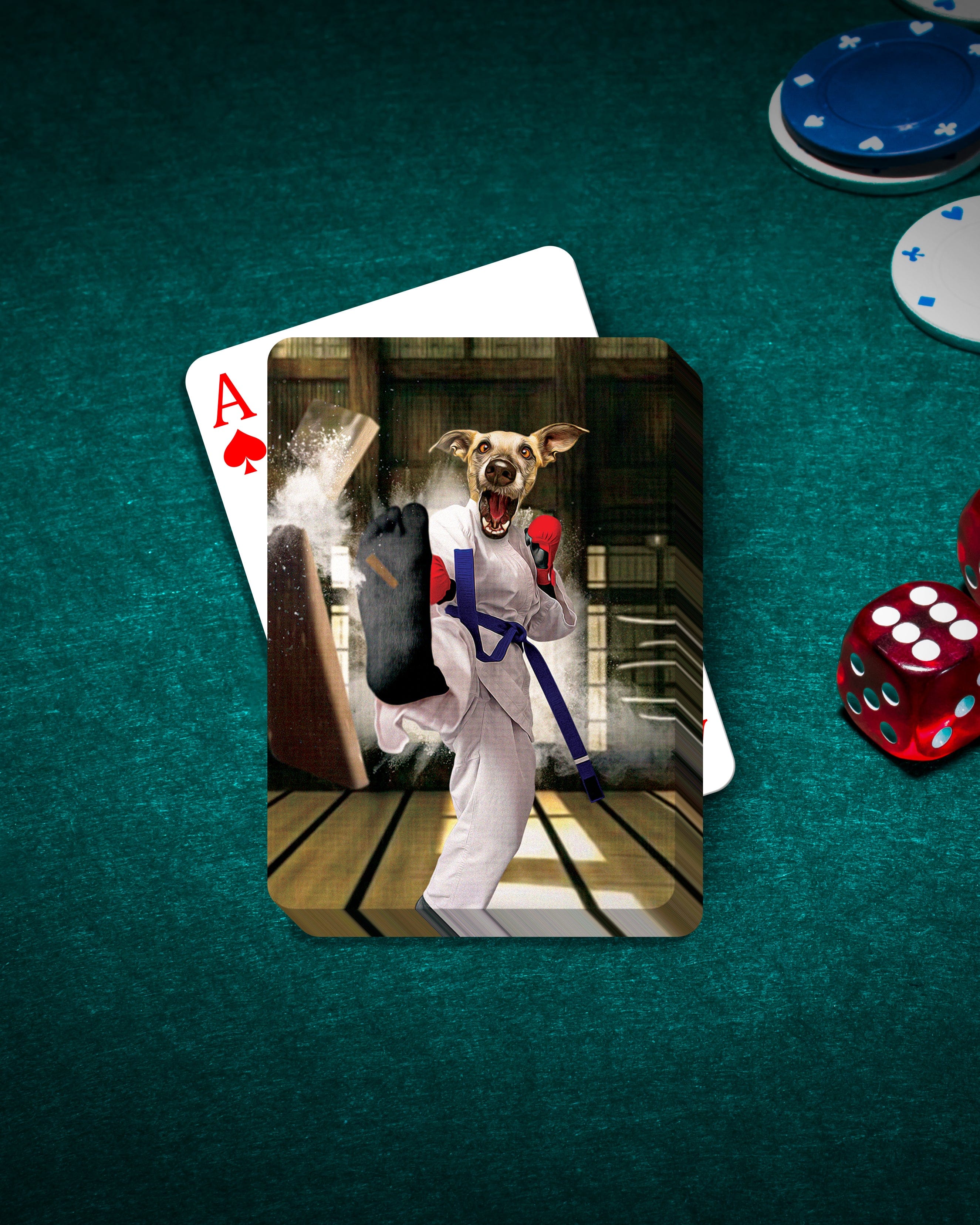 Custom personalized playing card featuring a dog in a white taekwondo gi breaking a board.