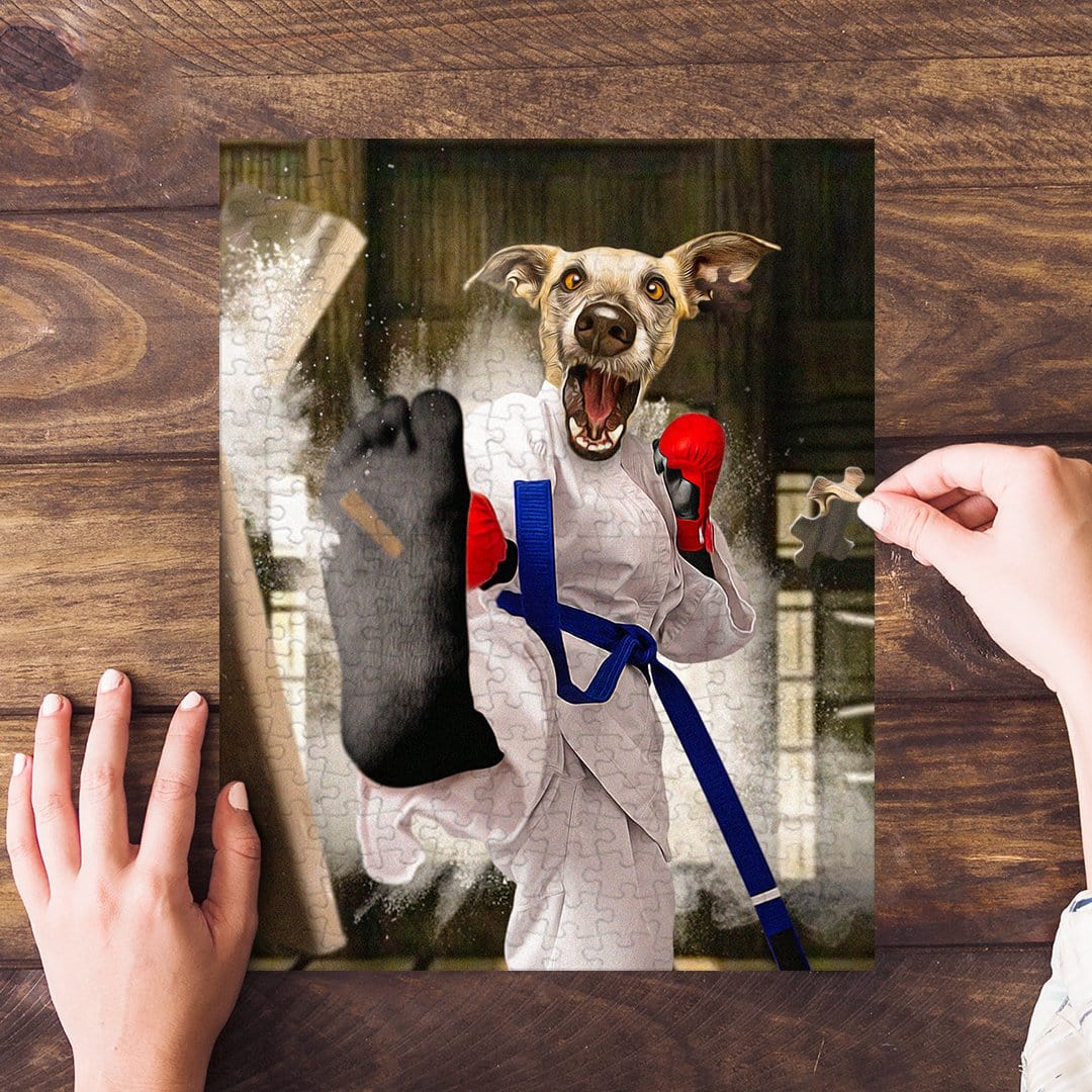 Personalized Taekwondogg pet puzzle featuring a dog in a white gi, red gloves, and blue belt.