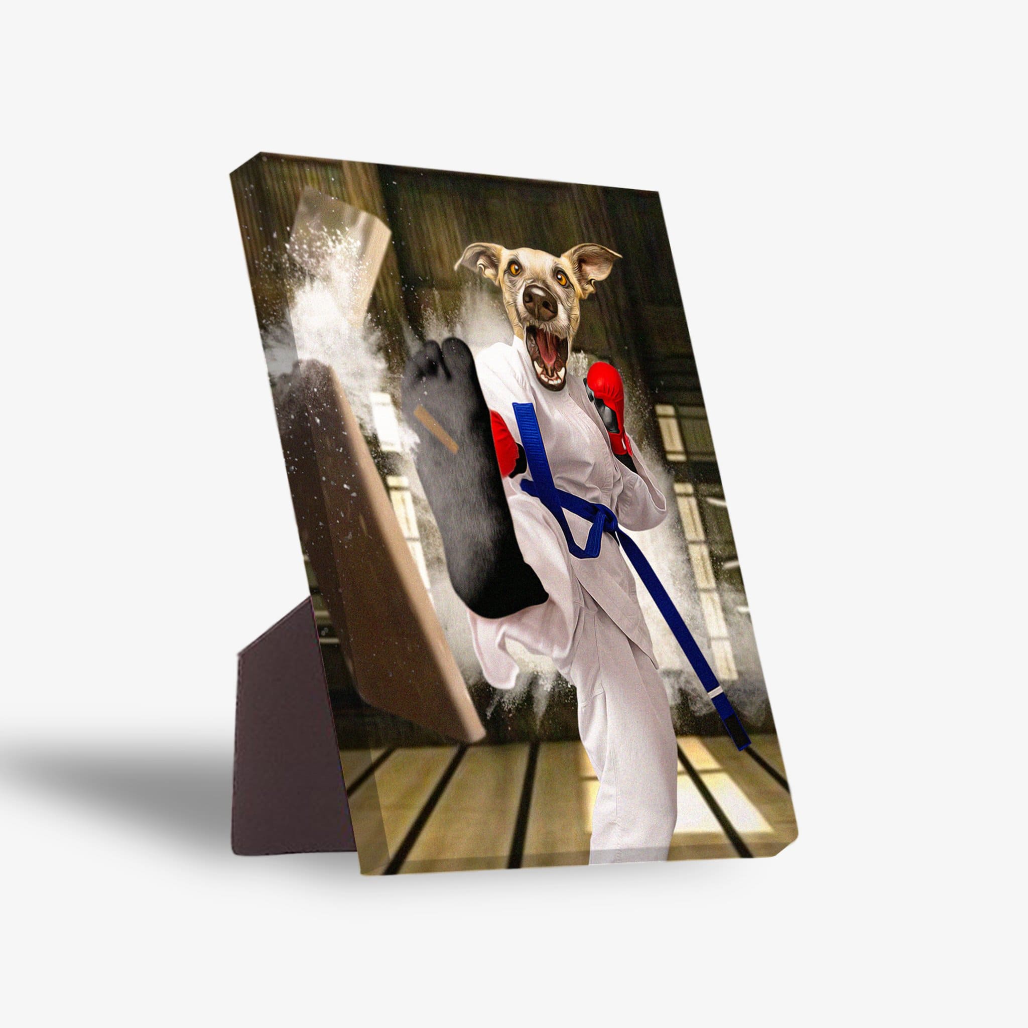 Taekwondogg personalized pet standing canvas featuring a dog in a white gi, blue belt, and red gloves breaking a board.
