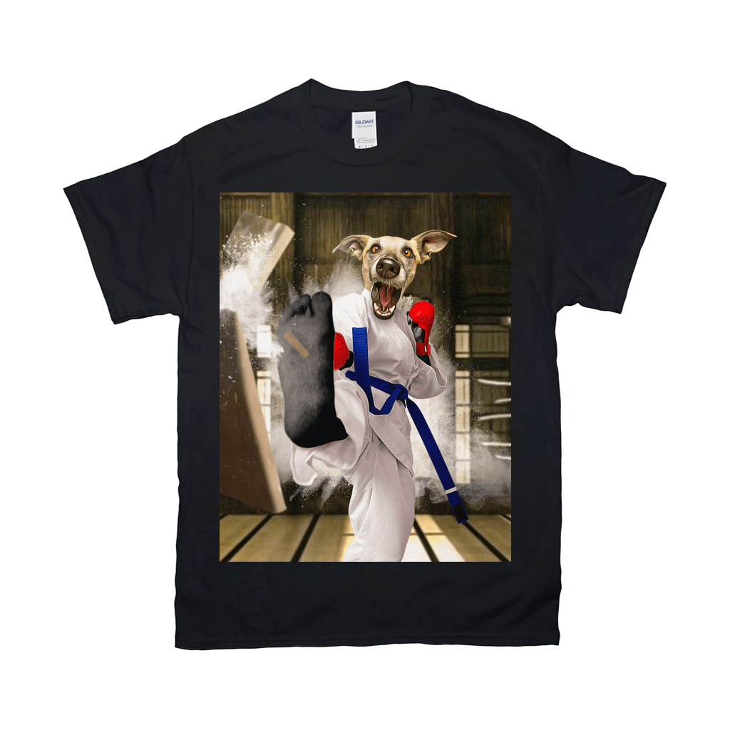 Black Gildan t-shirt with a personalized "Taekwondogg" design of a dog in a white gi breaking a board.