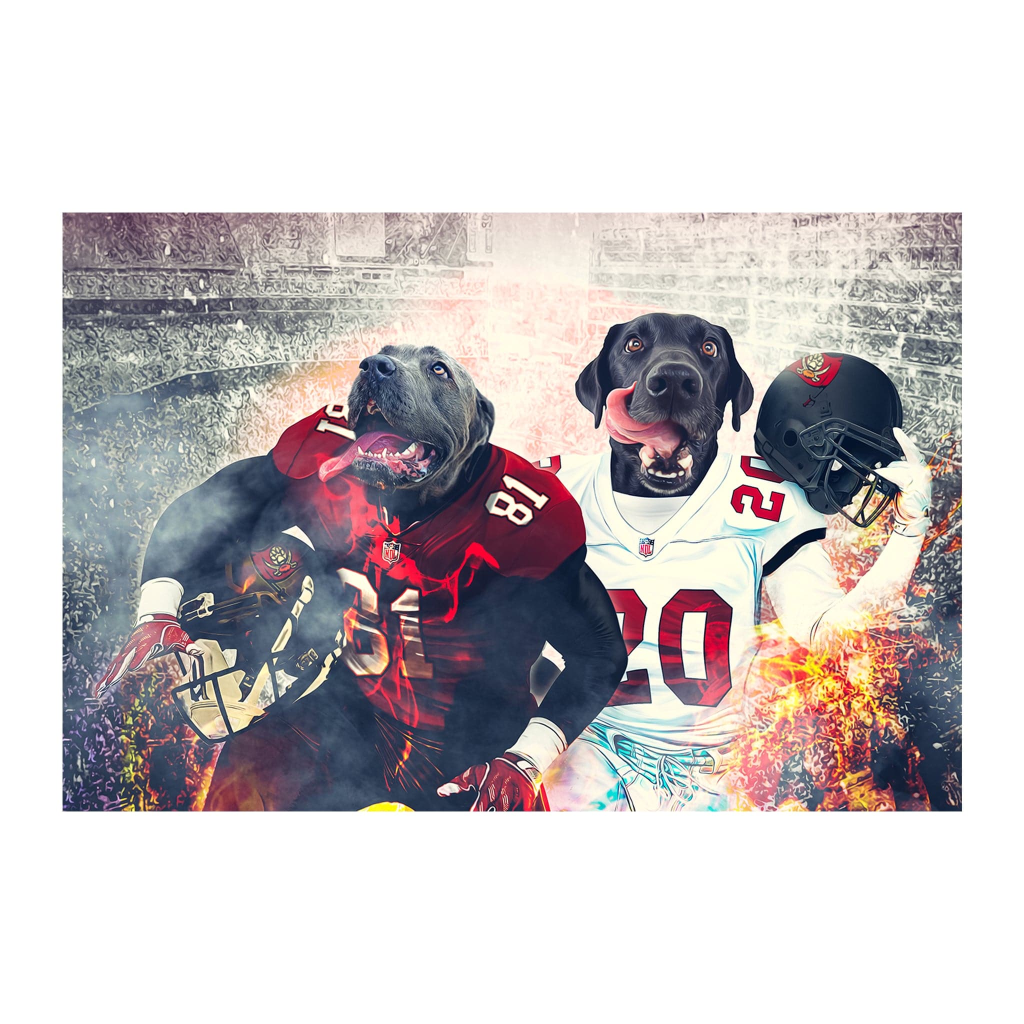 Personalized digital portrait of two dogs as football players in red and white jerseys.