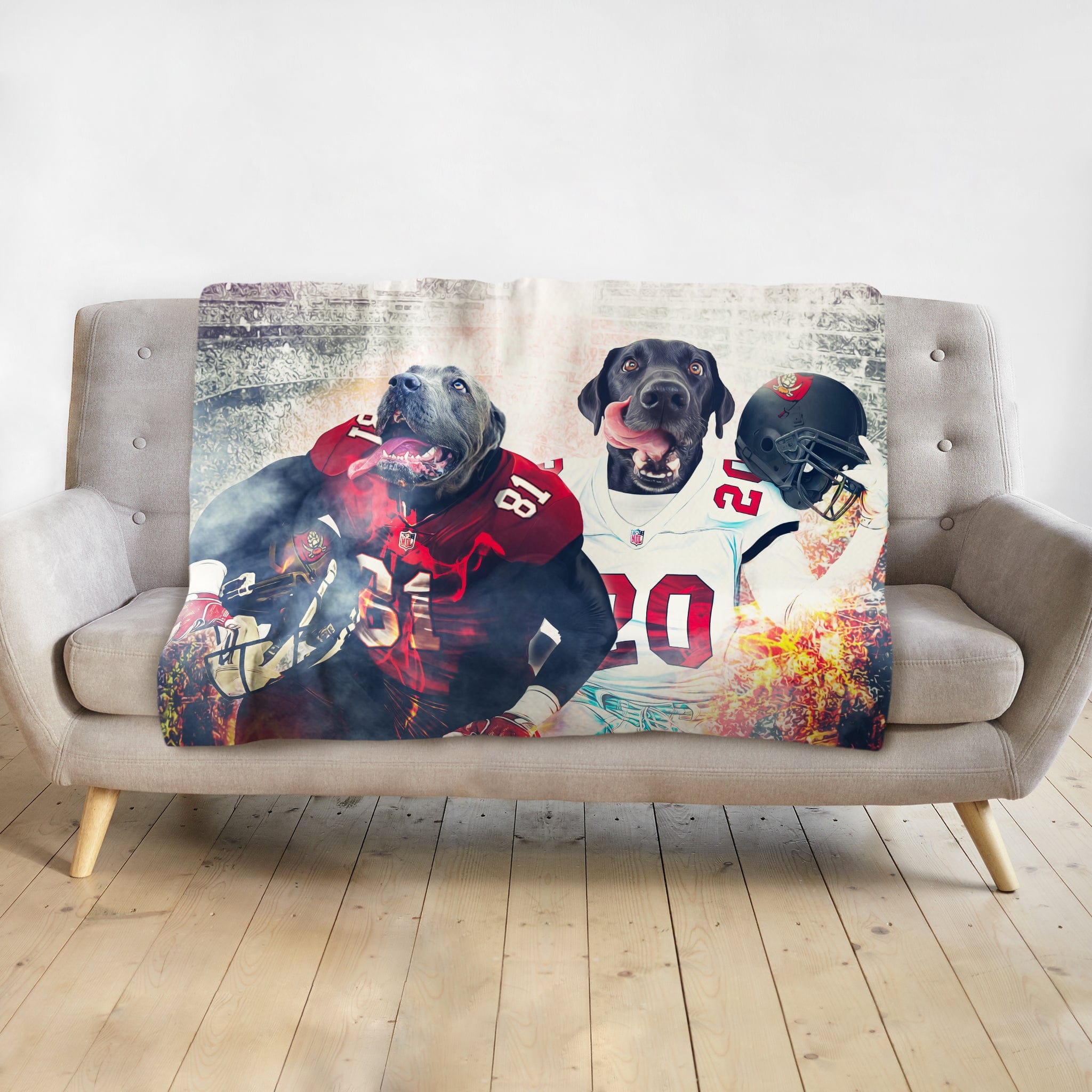 Personalized pet blanket with two dogs in football uniforms, one in red, one in white.