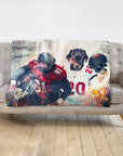 Personalized pet blanket with two dogs in football uniforms, one in red, one in white.