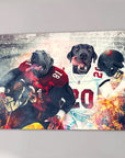 Personalized canvas featuring two dogs in Tampa Bay Doggos football uniforms, one running, one holding a helmet.