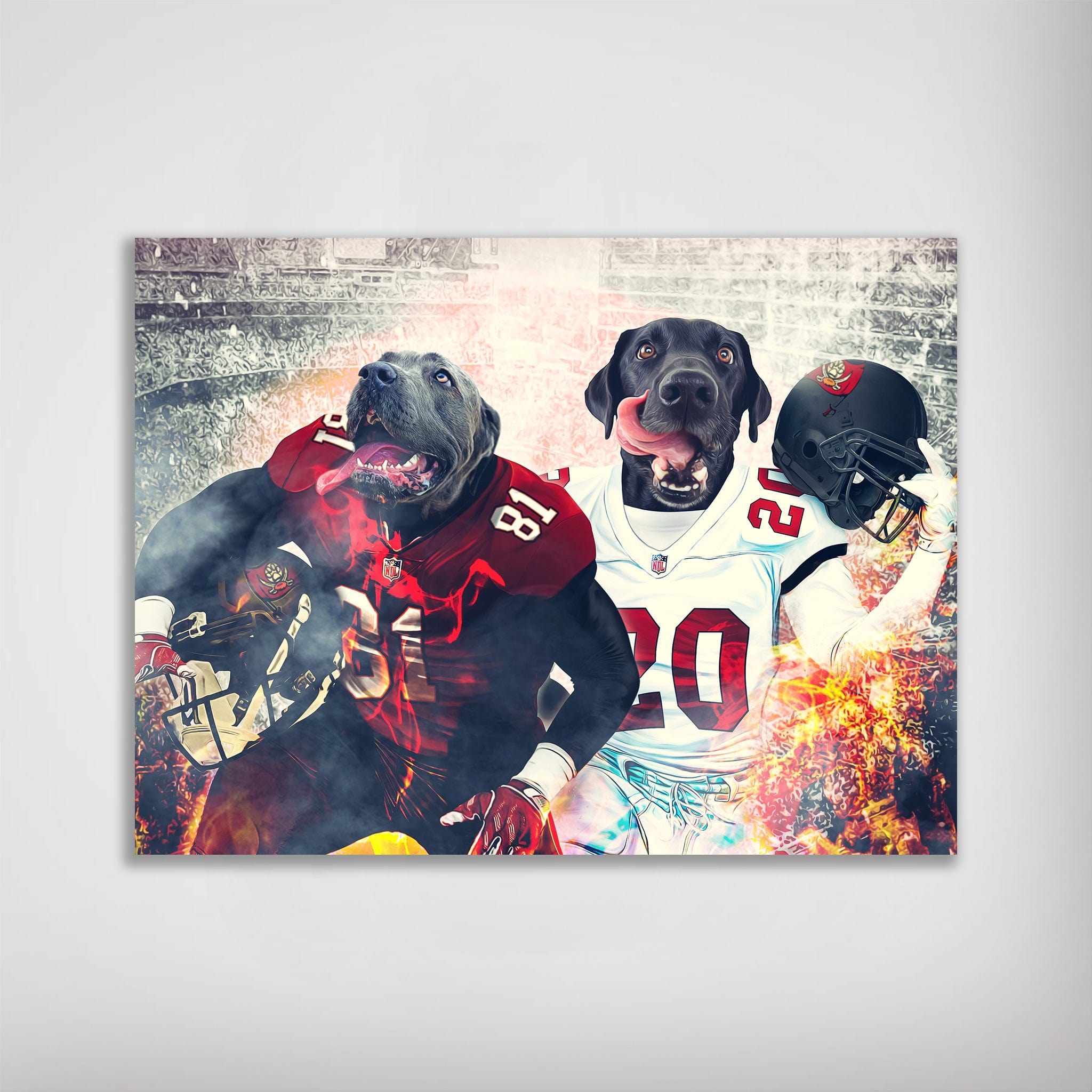 Personalized "Tampa Bay Doggos" poster featuring two pets as football players in red and white jerseys.