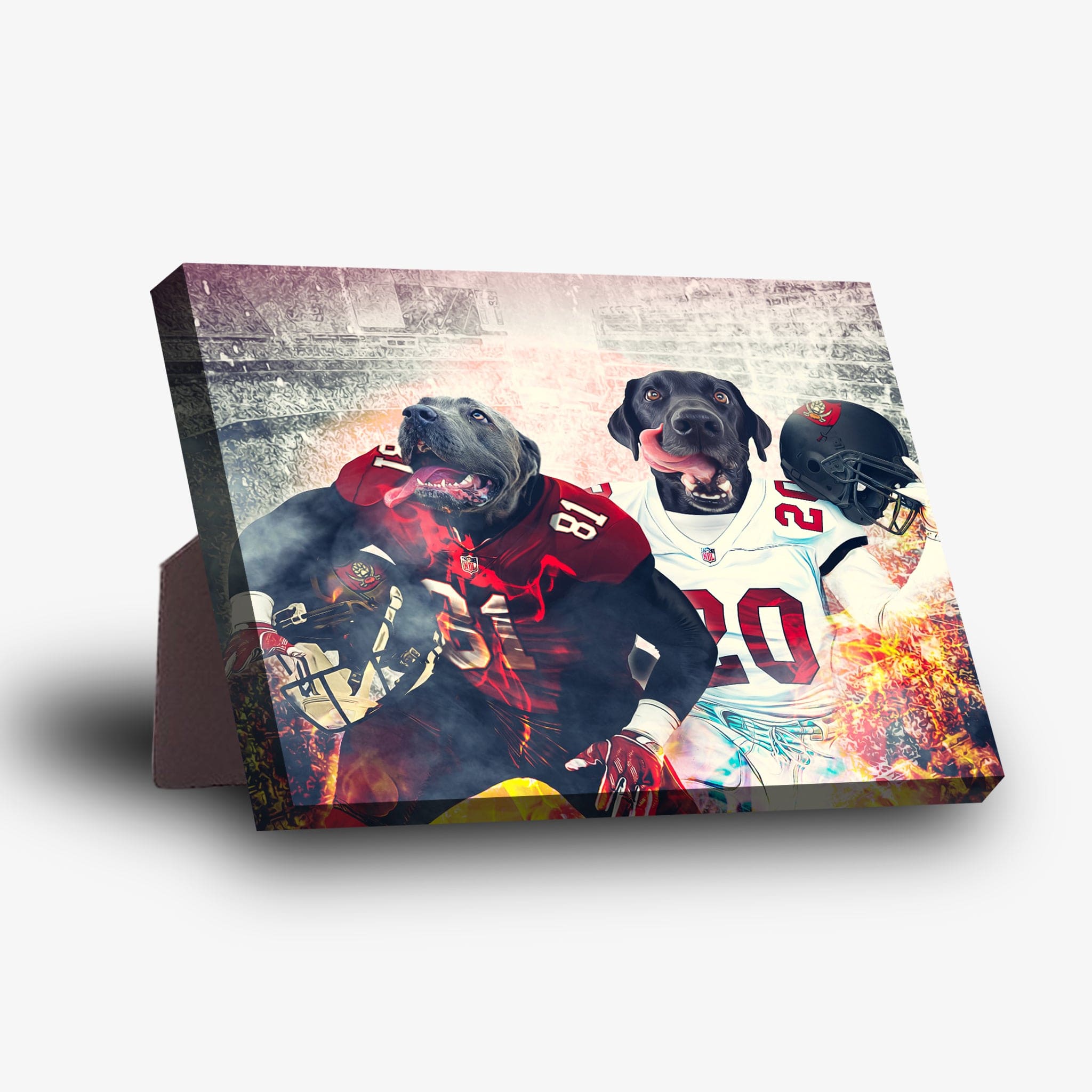 Personalized 'Tampa Bay Doggos' standing canvas featuring two pets in football uniforms with a stadium background.