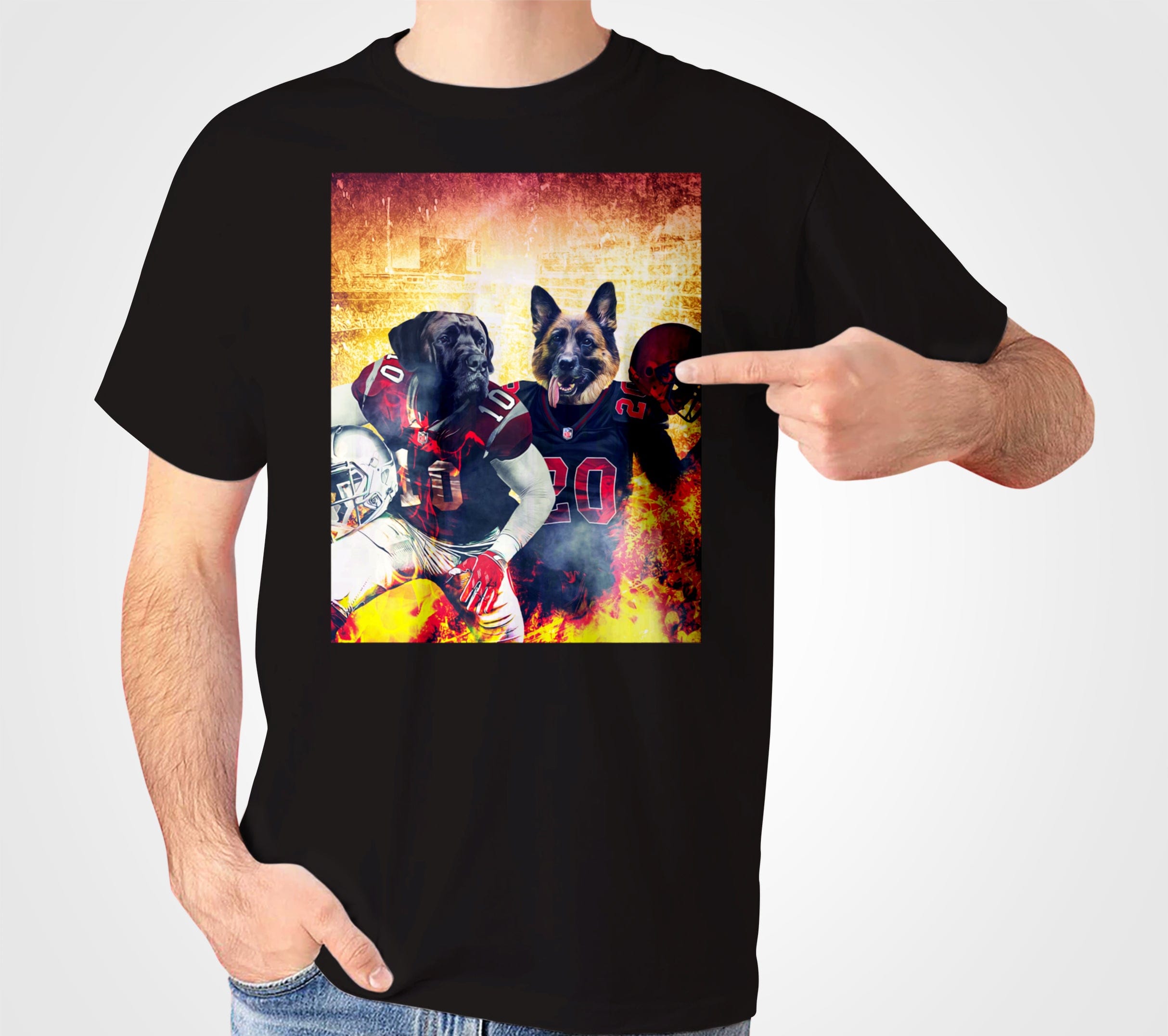 Black Gildan t-shirt with two personalized pet portraits, a Mastiff and a German Shepherd, in football uniforms.
