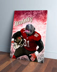Personalized pet canvas featuring a dog in a red football uniform with "Buddy" and "81" on it.