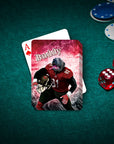 Personalized playing card featuring a dog in a red football uniform, "Buddy" text.
