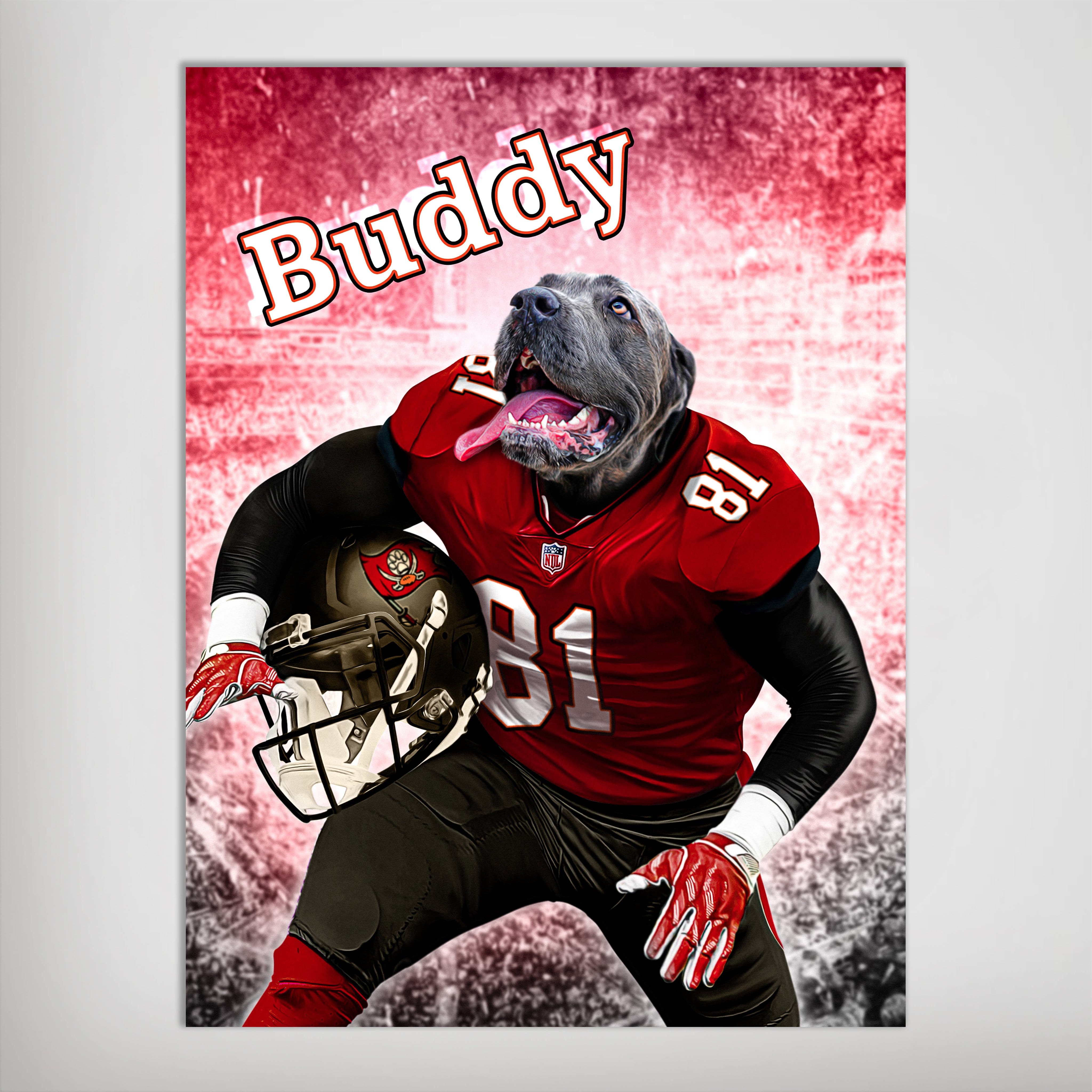 Personalized pet poster featuring a dog in a red football uniform, holding a helmet, with "Buddy" above.