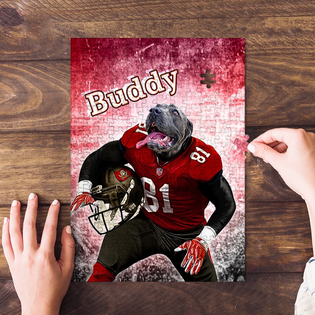 Personalized 'Tampa Bay Doggos' pet puzzle featuring a dog in a football uniform, with "Buddy" on it.