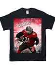 Black Gildan t-shirt with a personalized graphic of a gray dog in a red football uniform, holding a helmet.