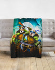 Custom pet blanket with two dogs as Ninja Turtles, on a gray couch.
