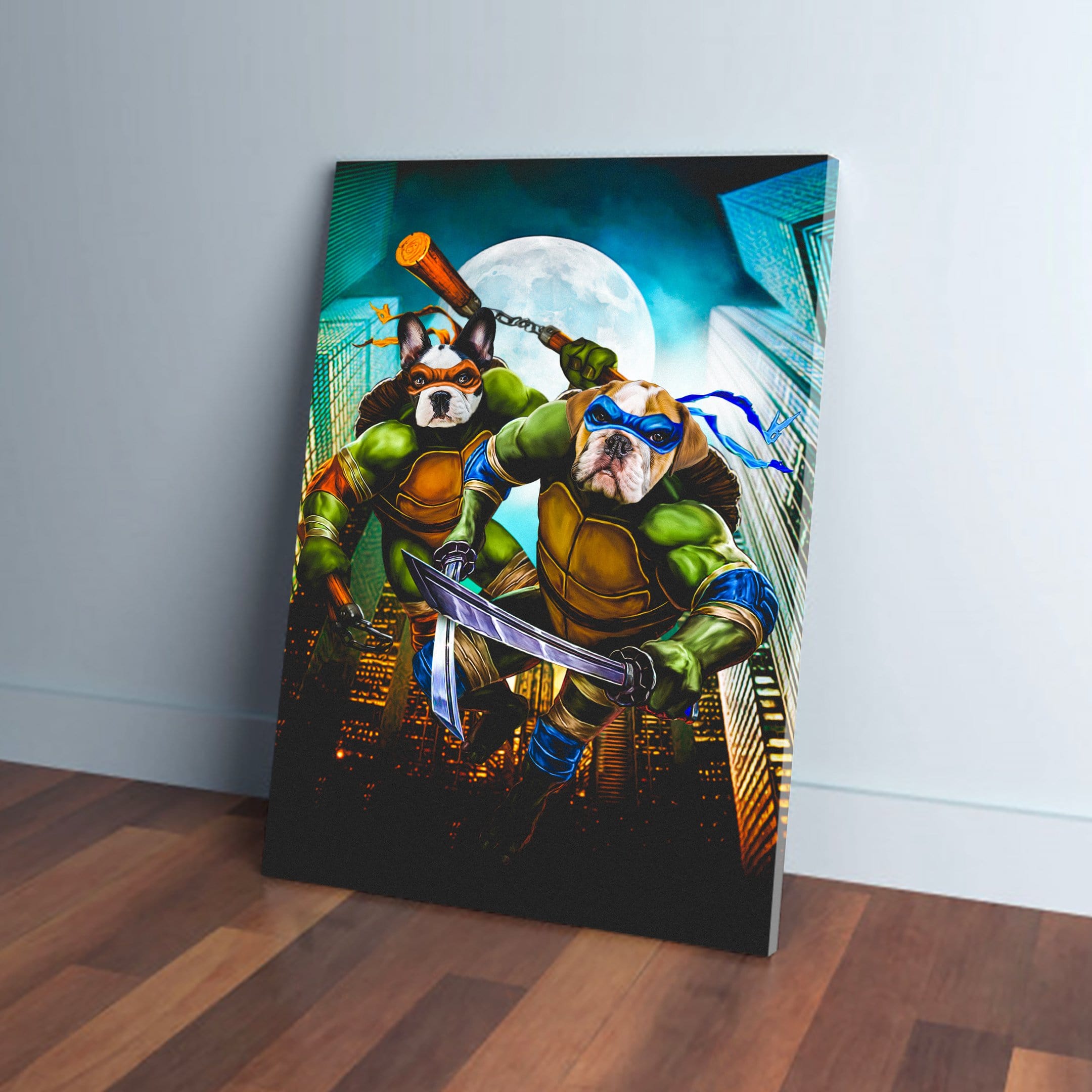 Personalized canvas featuring two dogs as Teenage Mutant Ninja Turtles, with a full moon and city skyline.