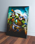 Personalized canvas featuring two dogs as Teenage Mutant Ninja Turtles, with a full moon and city skyline.